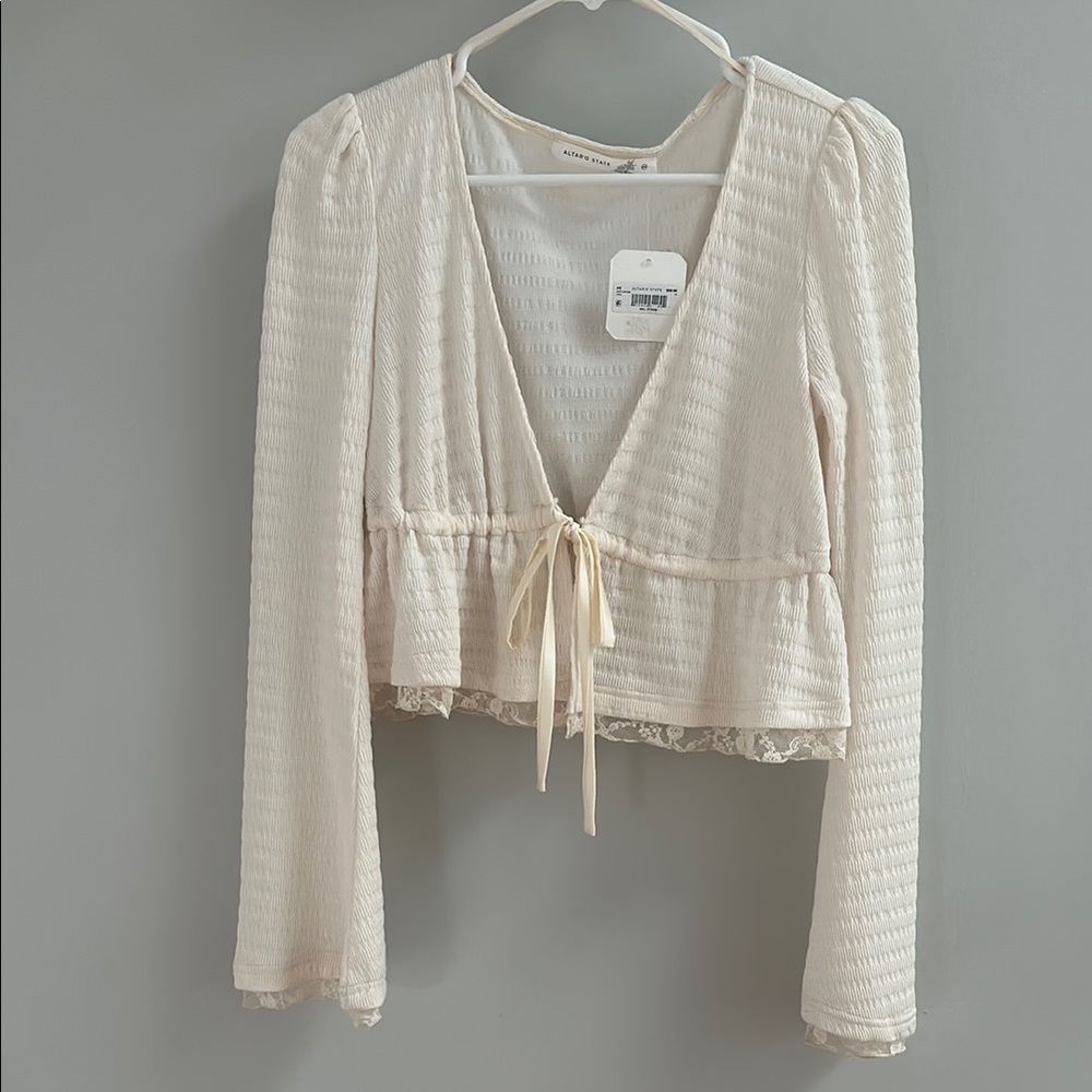 Cream Long Sleeve Tie-Front Top